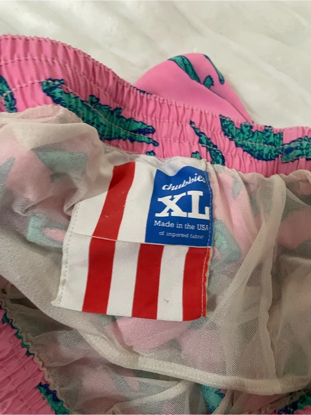 chubbies Pink Swim Trunks with Teal Alligator Print